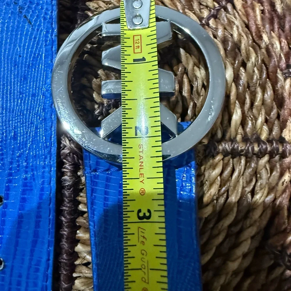 Michael Kors Stretch Straw Belt MK Logo‎ Buckle Sz L 39” Blue Silver Embossed